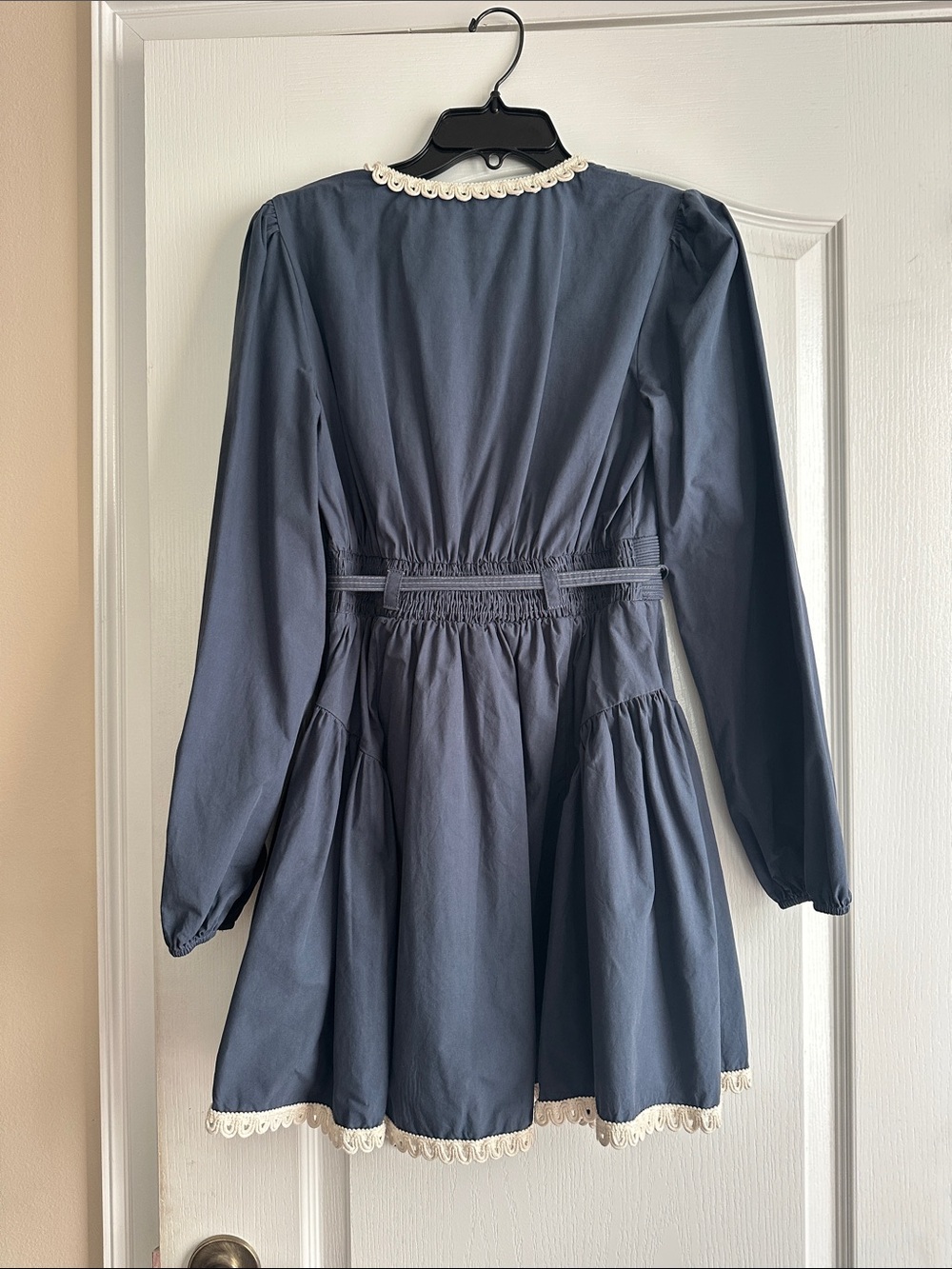 Smocked Waist Navy Long-Sleeve Dress with Lace Trim - Picture 6 of 7